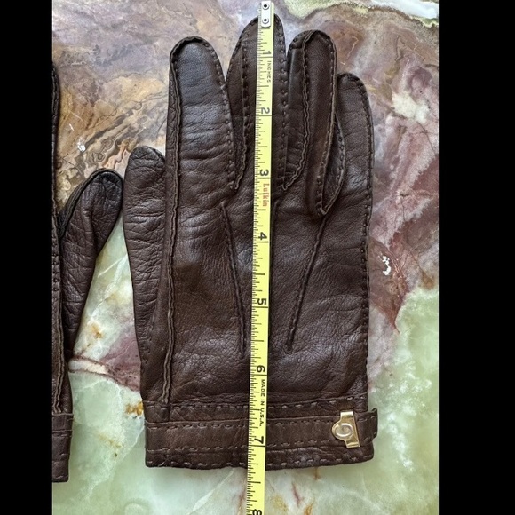 RARE VINTAGE 1970s GUCCI ITALY LADIES DARK BROWN LEATHER GLOVES GOLD LOGO EUC - Picture 6 of 8